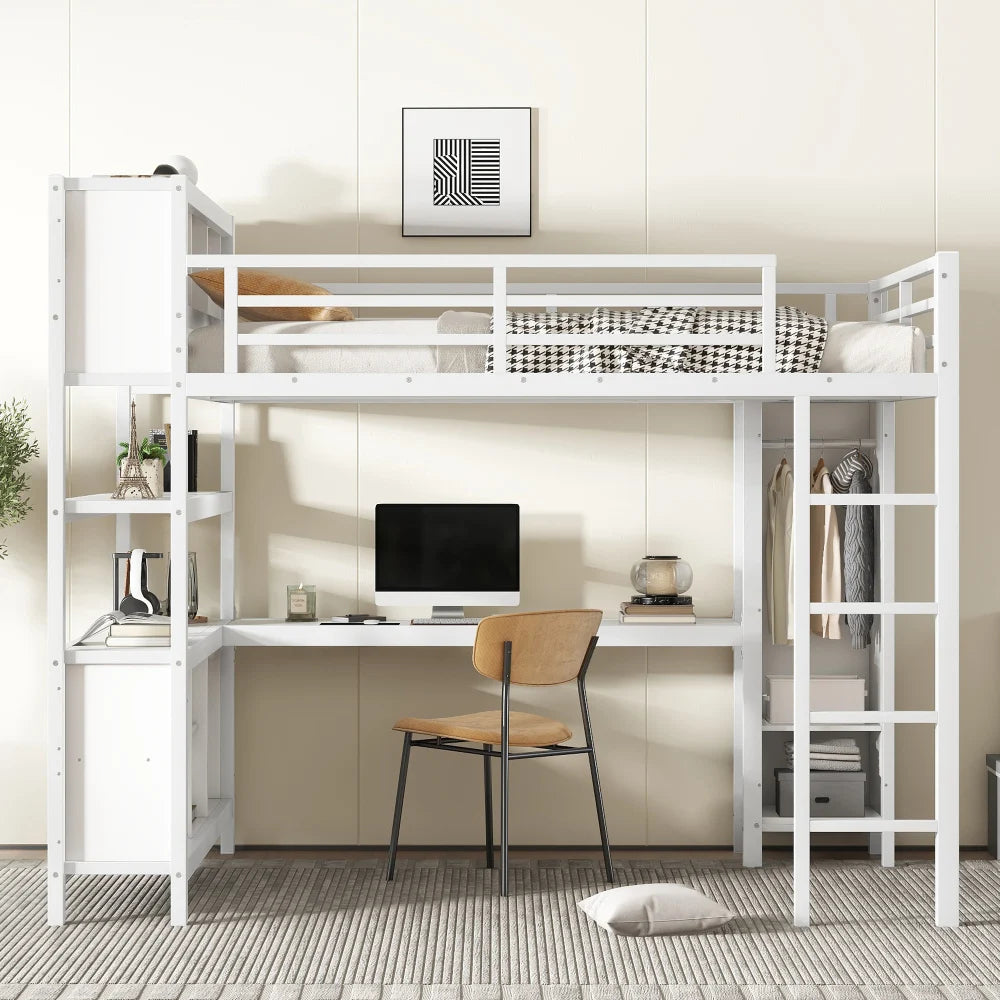 Metal Loft Queen Bed, Wardrobe, Desk, & Storage