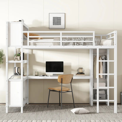 Metal Loft Queen Bed, Wardrobe, Desk, & Storage