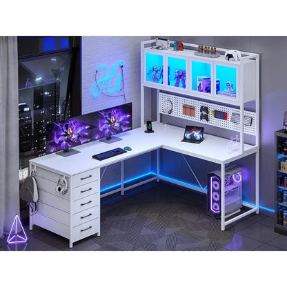 Computer Desk with Hutch, Shelves, Lights, and Power Outlet