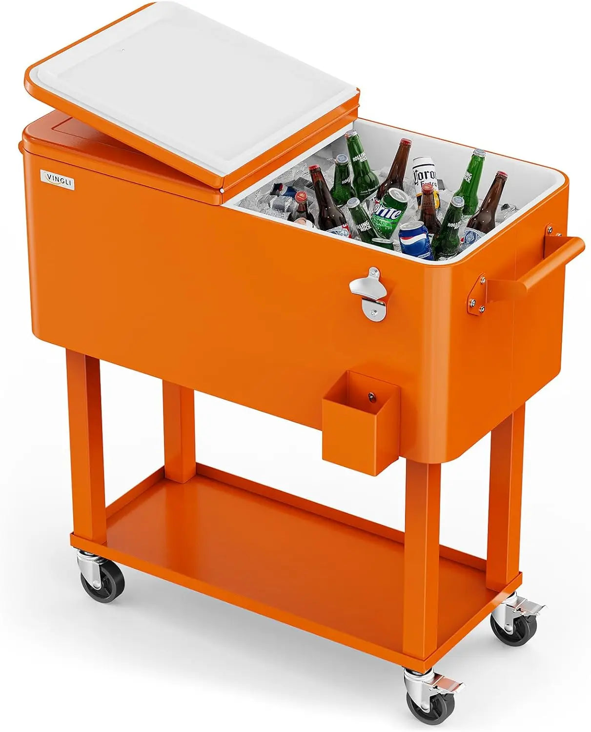80 Quart Rolling Ice Chest, Portable Patio Party Bar Drink Cooler Cart, with Shelf, Beverage Pool with Bottle Opener