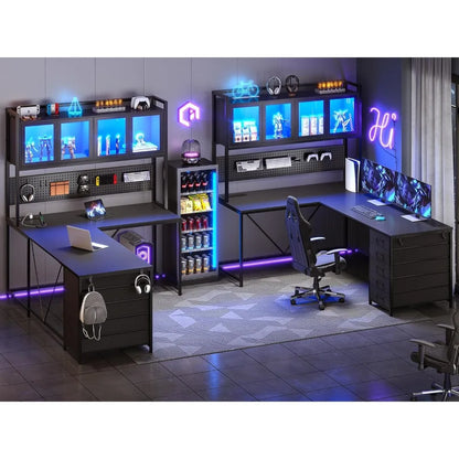 Computer Desk with Hutch, Shelves, Lights, and Power Outlet