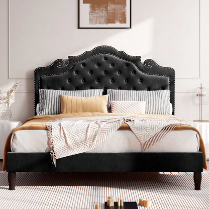 Velvet Tiara Tufted Adjustable Headboard with Bed Frame