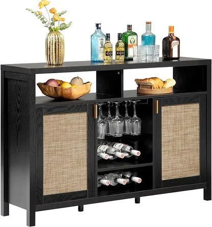 Coffee Bar Cabinet, 51" Rattan Buffet with Storage