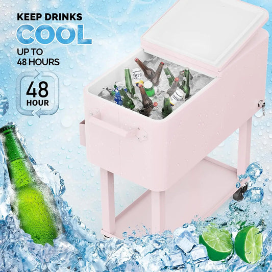 80 Quart Rolling Ice Chest, Portable Patio Party Bar Drink Cooler Cart, with Shelf, Beverage Pool with Bottle Opener