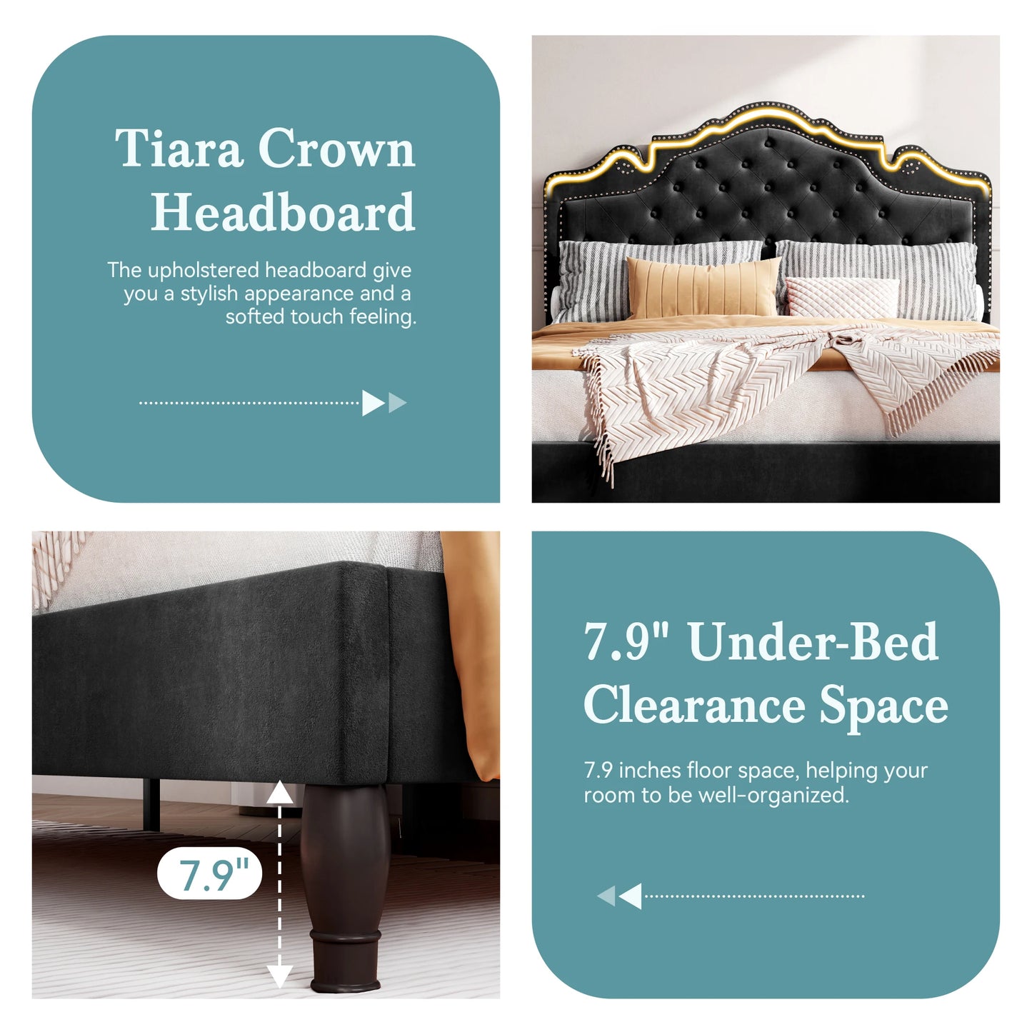 Velvet Tiara Tufted Adjustable Headboard with Bed Frame