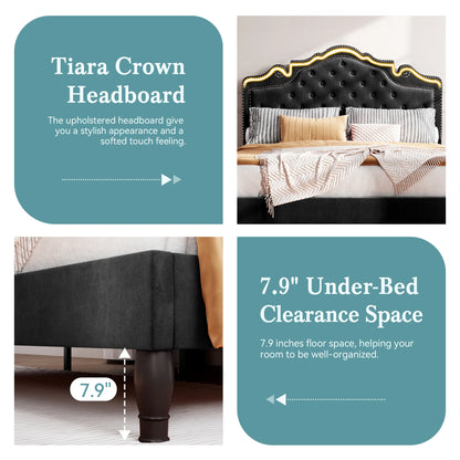 Velvet Tiara Tufted Adjustable Headboard with Bed Frame