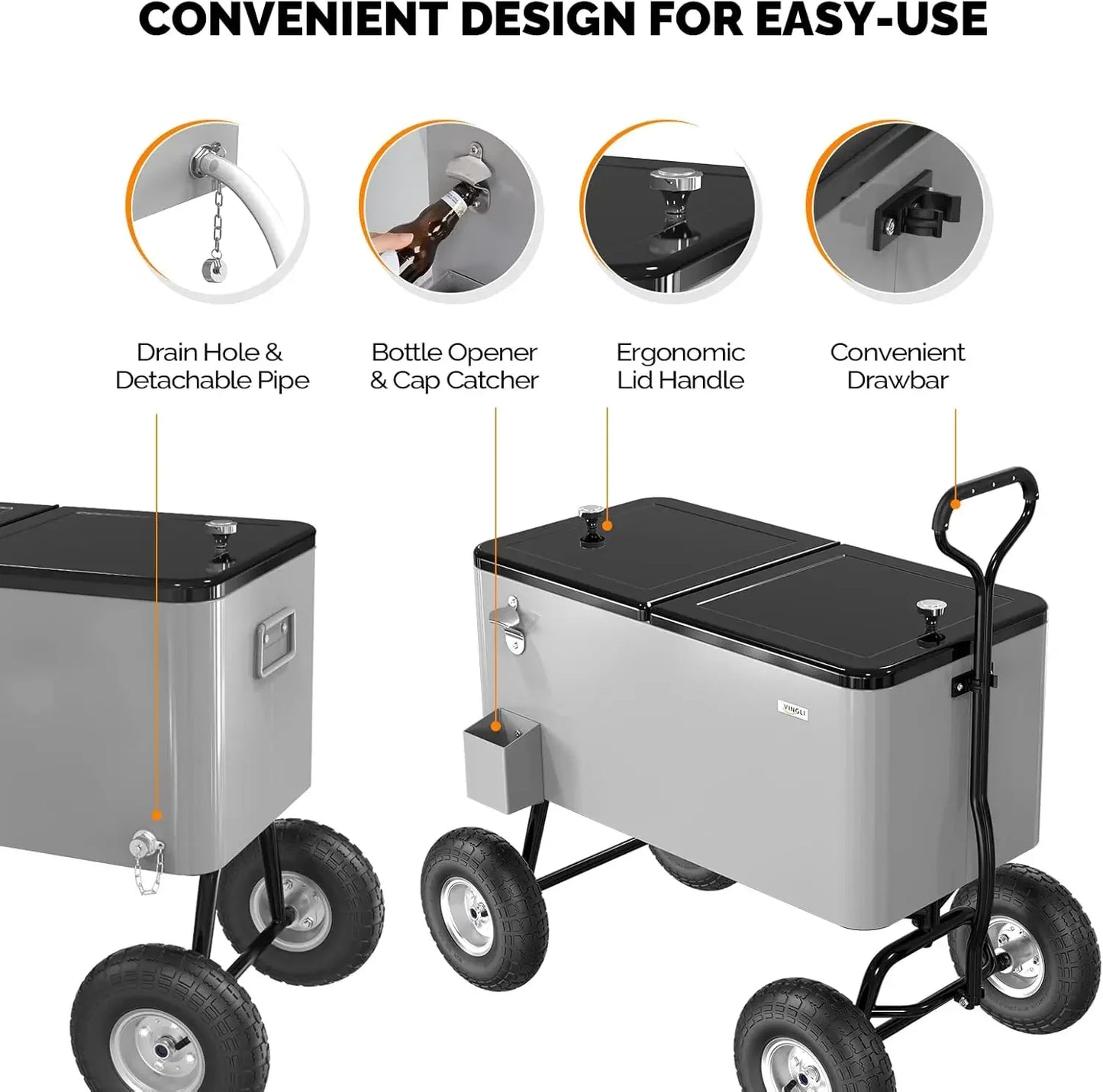 80 Quart Wagon Rolling Cooler Ice Chest, 10" Wheels