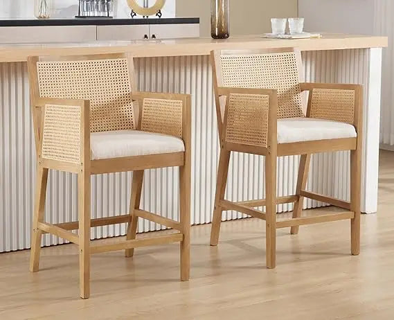 Modern Rattan Farmhouse Counter Height Barstools, Set of 2