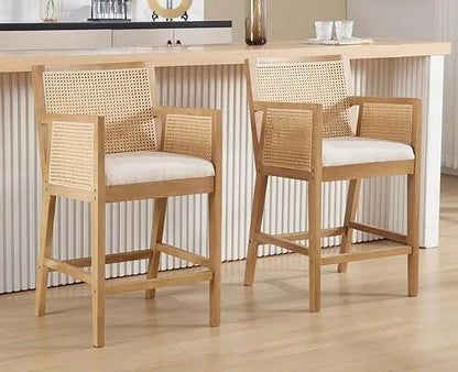 Modern Rattan Farmhouse Counter Height Barstools, Set of 2