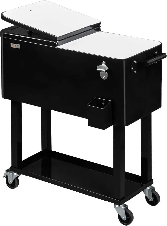 80 Quart Rolling Ice Chest, Portable Patio Party Bar Drink Cooler Cart, with Shelf, Beverage Pool with Bottle Opener