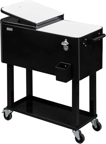 80 Quart Rolling Ice Chest, Portable Patio Party Bar Drink Cooler Cart, with Shelf, Beverage Pool with Bottle Opener