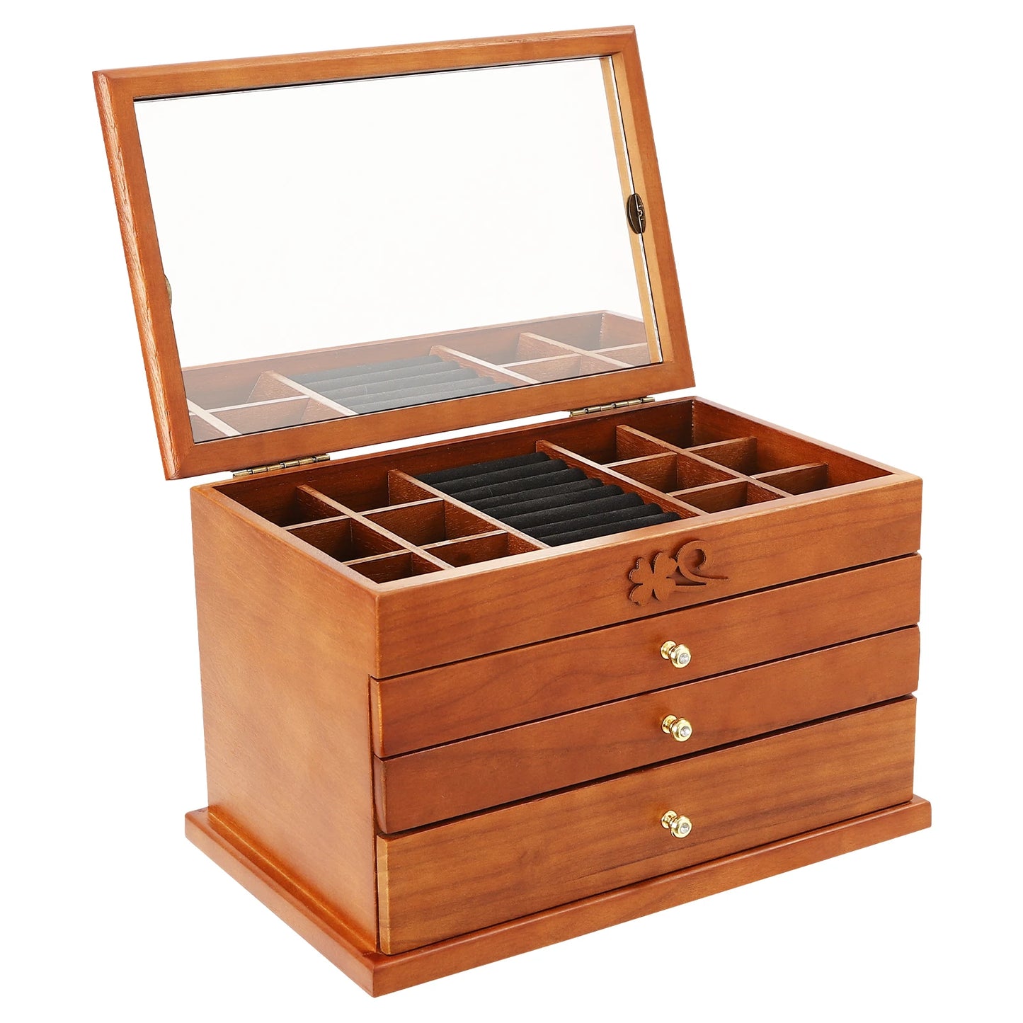4 Layer Large Wooden Jewelry Box, Mirror, Drawers