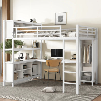 Metal Loft Queen Bed, Wardrobe, Desk, & Storage