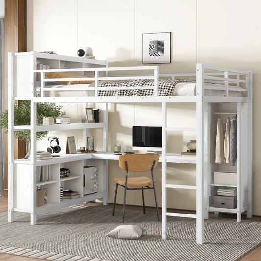 Metal Loft Queen Bed, Wardrobe, Desk, & Storage