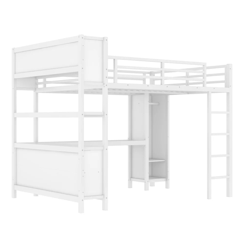 Metal Loft Queen Bed, Wardrobe, Desk, & Storage